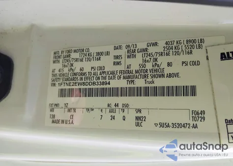 2013 Ford E-250 Commercial from USA, damaged, VIN 1FTNE2EW8DDB33894